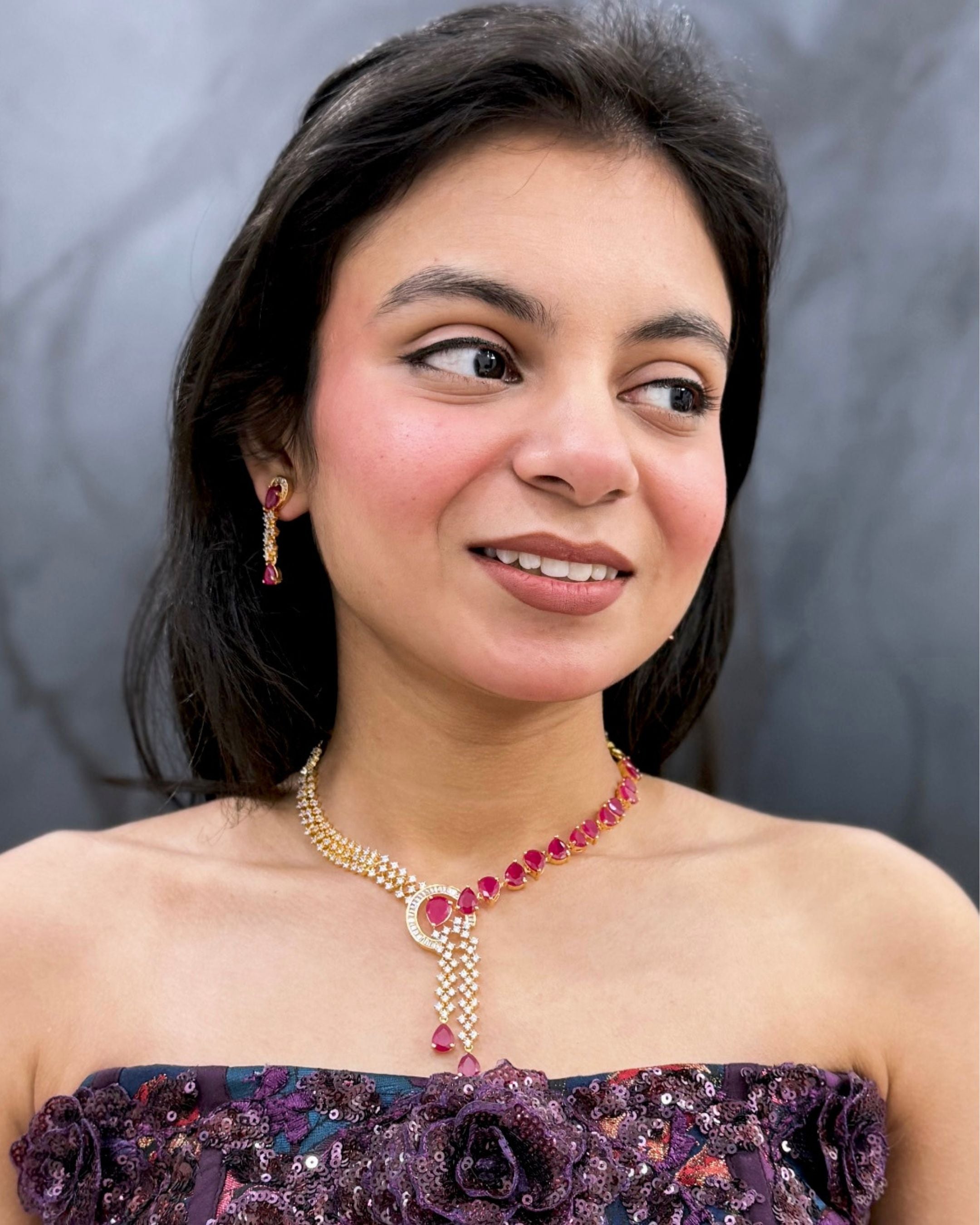 Ratna Rani Ruby Red Teardrop Necklace Set