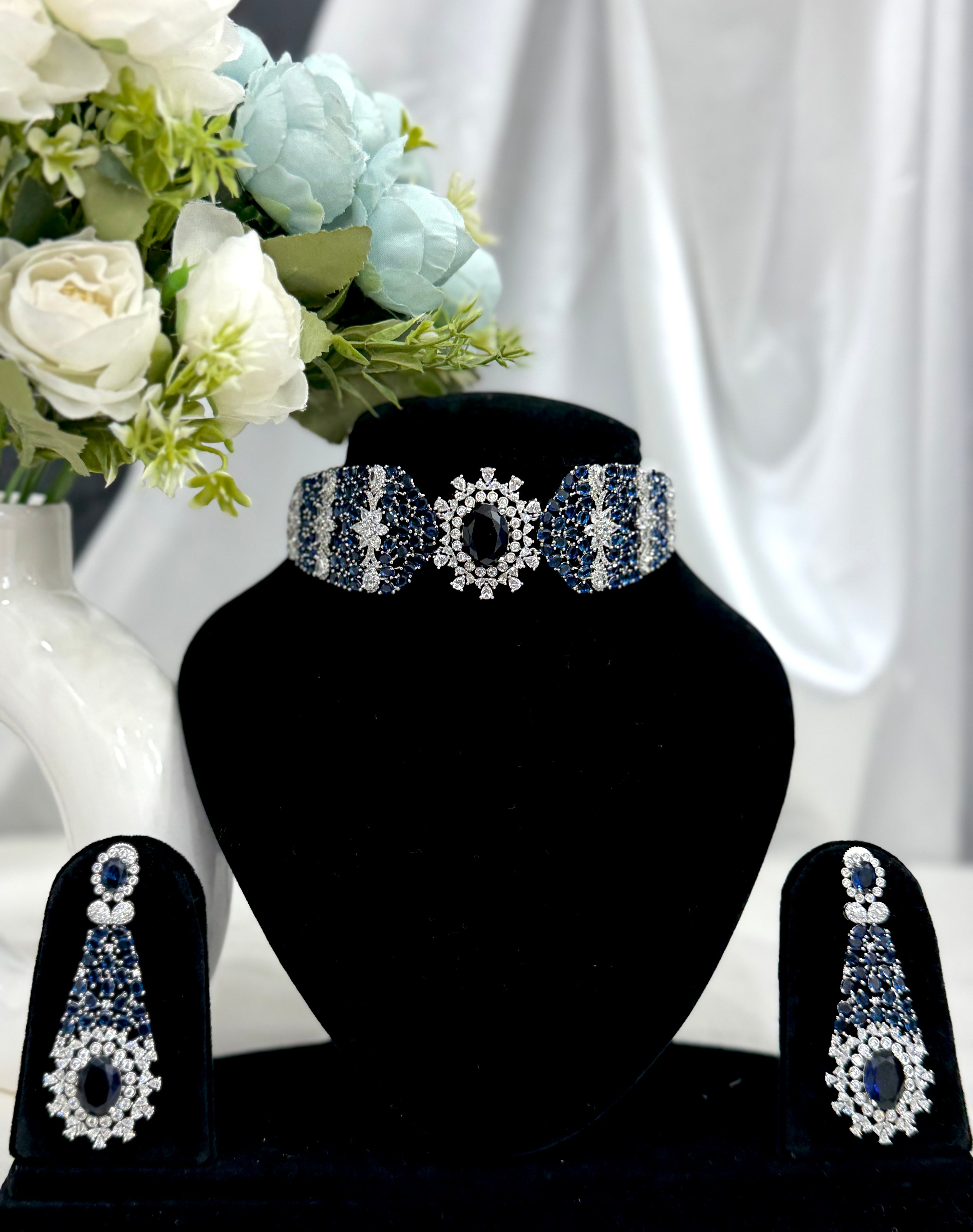 Sapphire Maharani Silver-Toned Choker Set