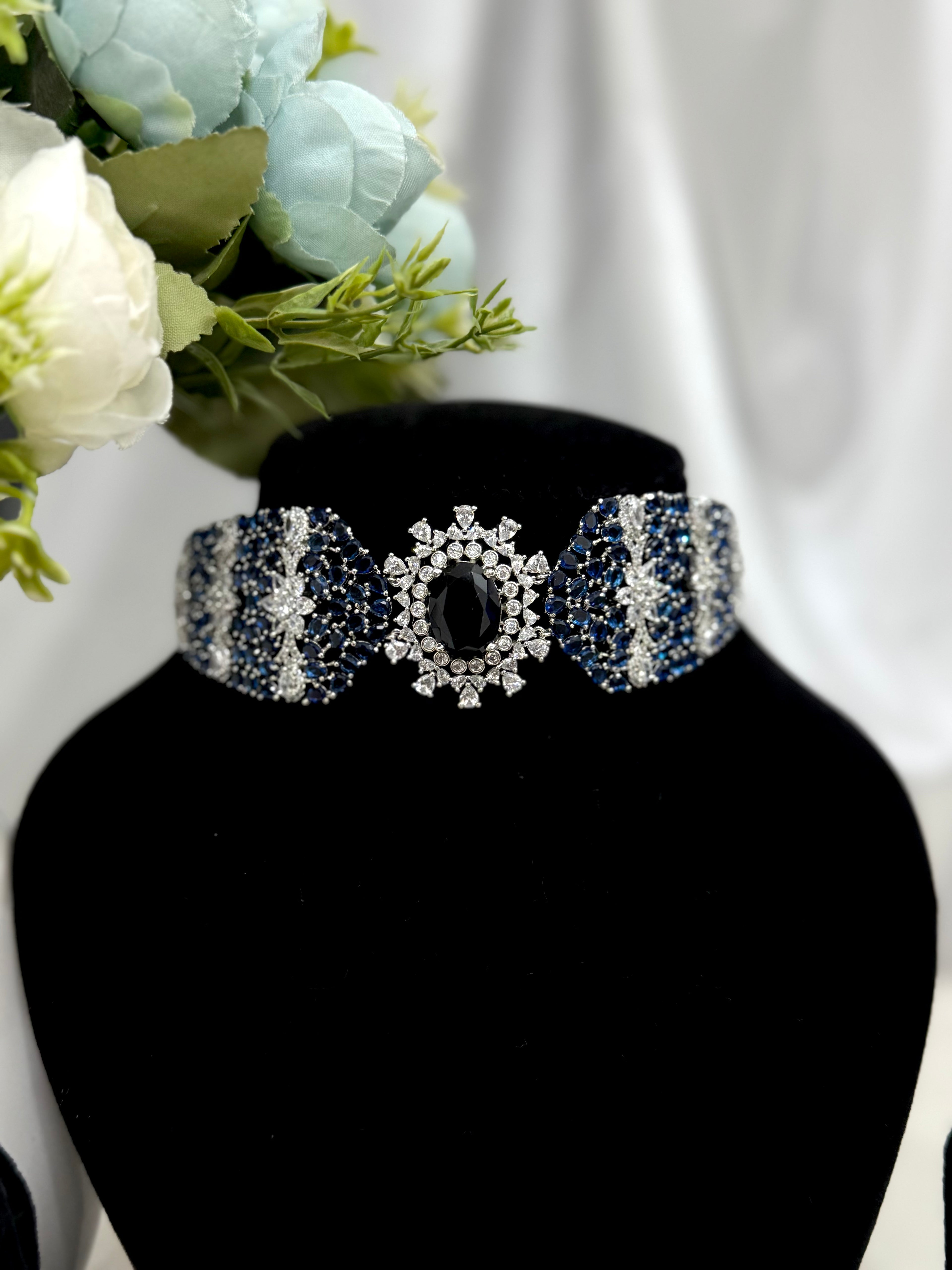 Sapphire Maharani Silver-Toned Choker Set