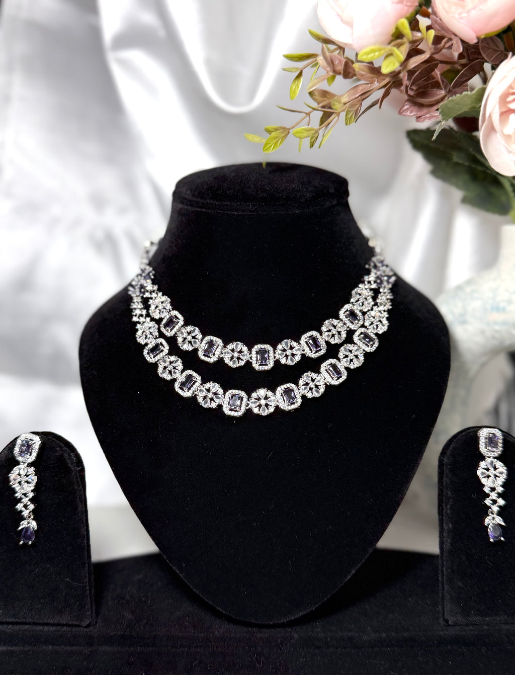 Silver-Toned Lavender Double Layer Necklace Set