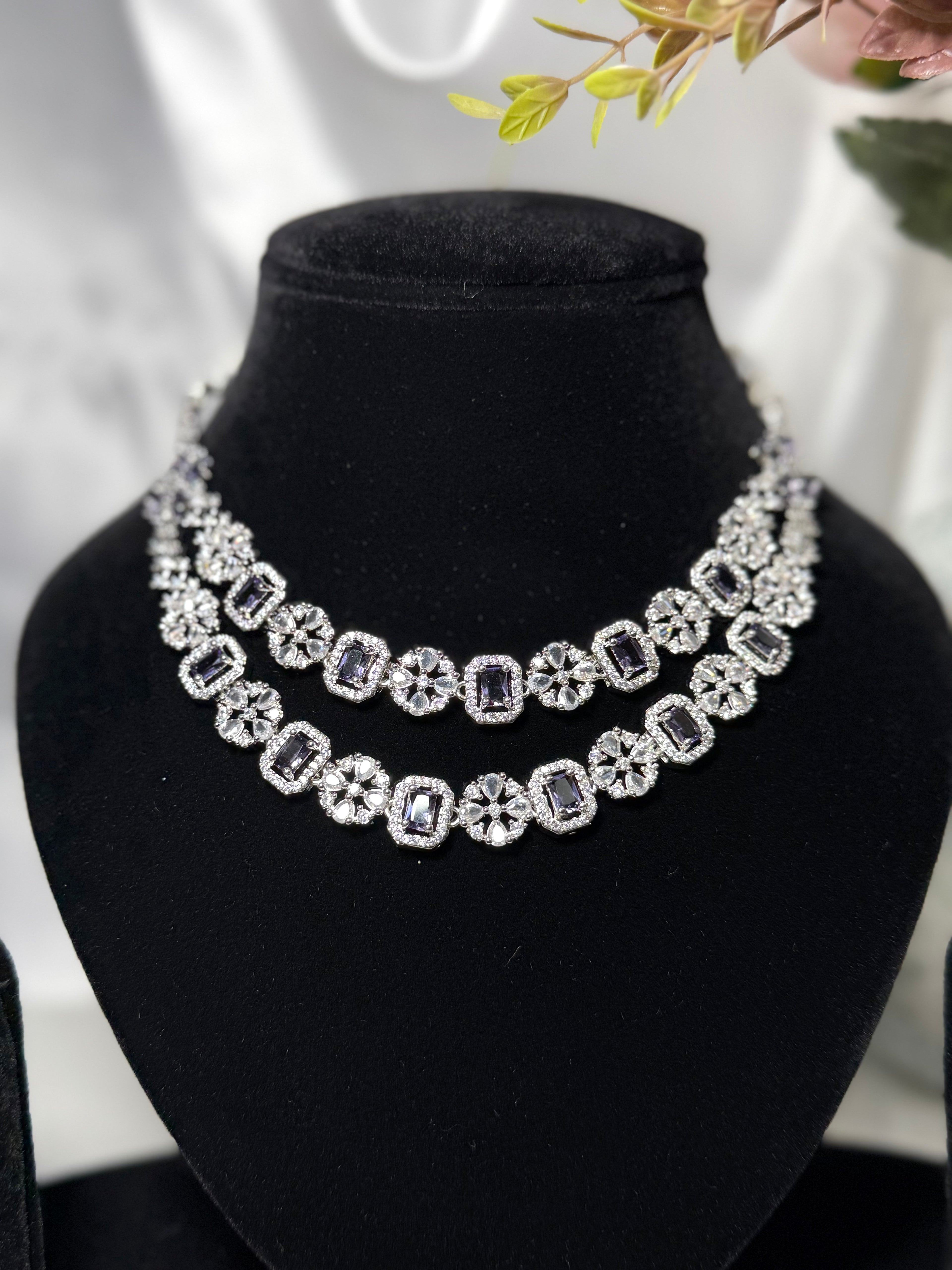 Silver-Toned Lavender Double Layer Necklace Set