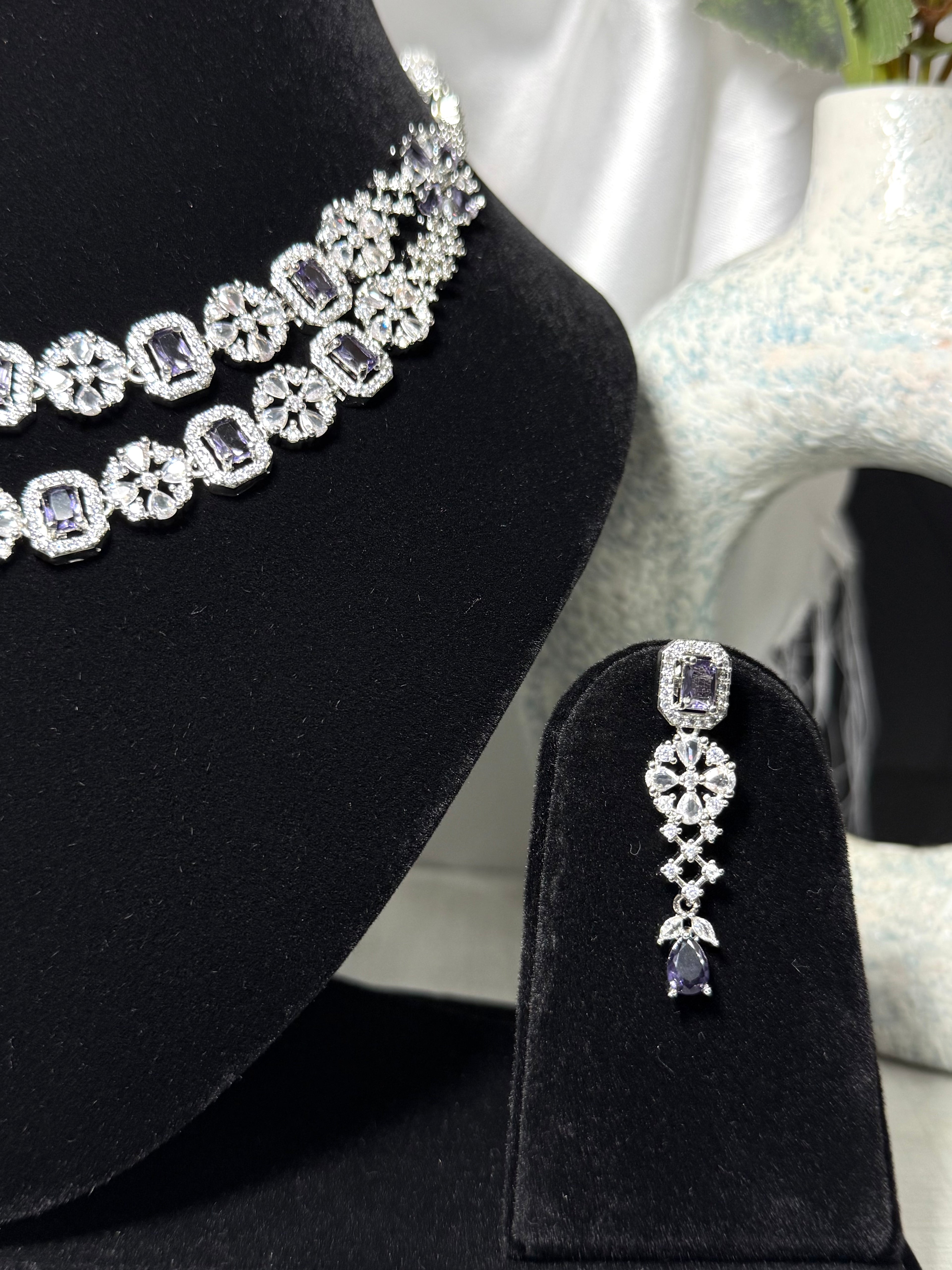 Silver-Toned Lavender Double Layer Necklace Set