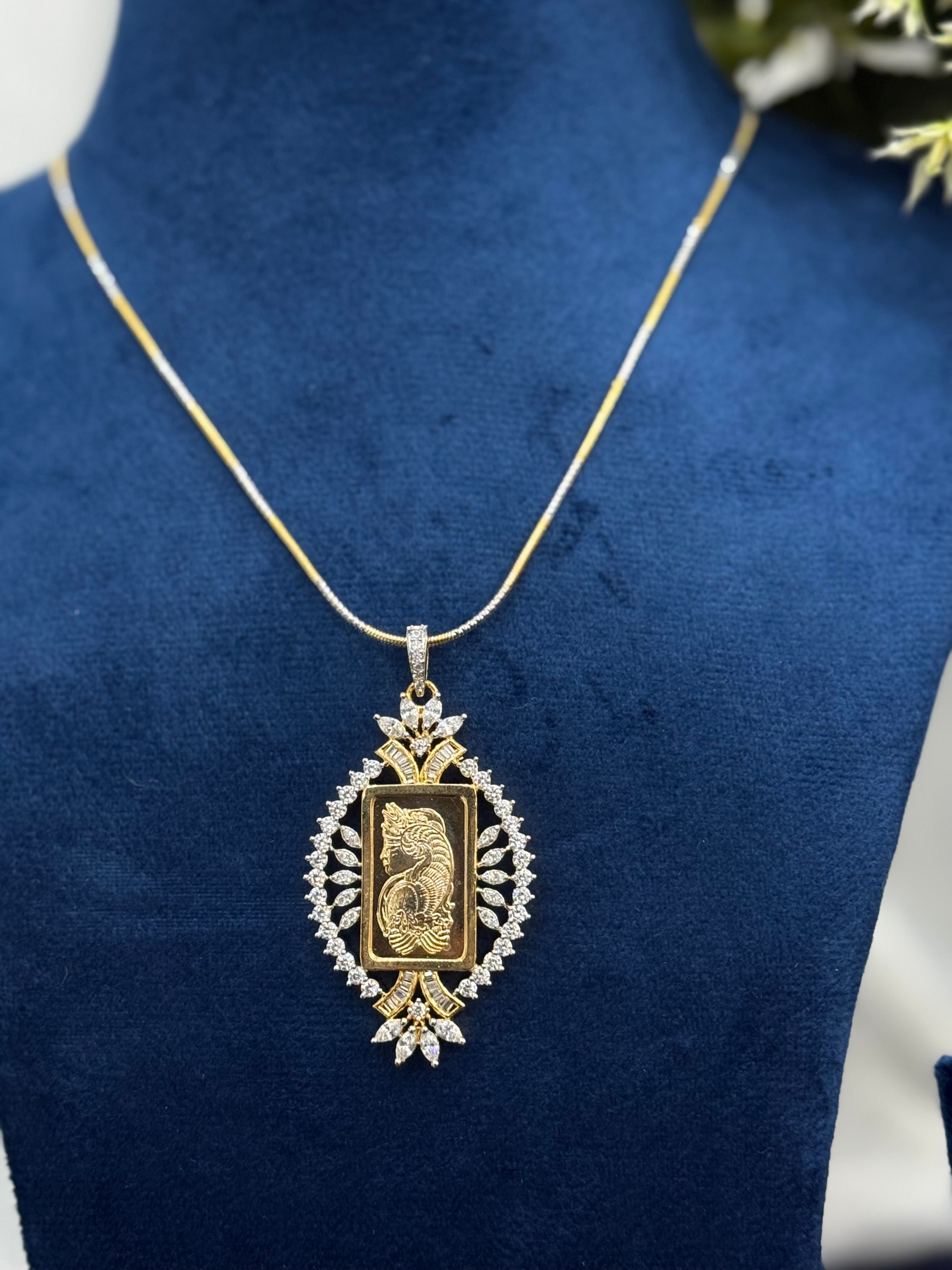 Square Border Ginni Pendant Set With Chain and Earrings