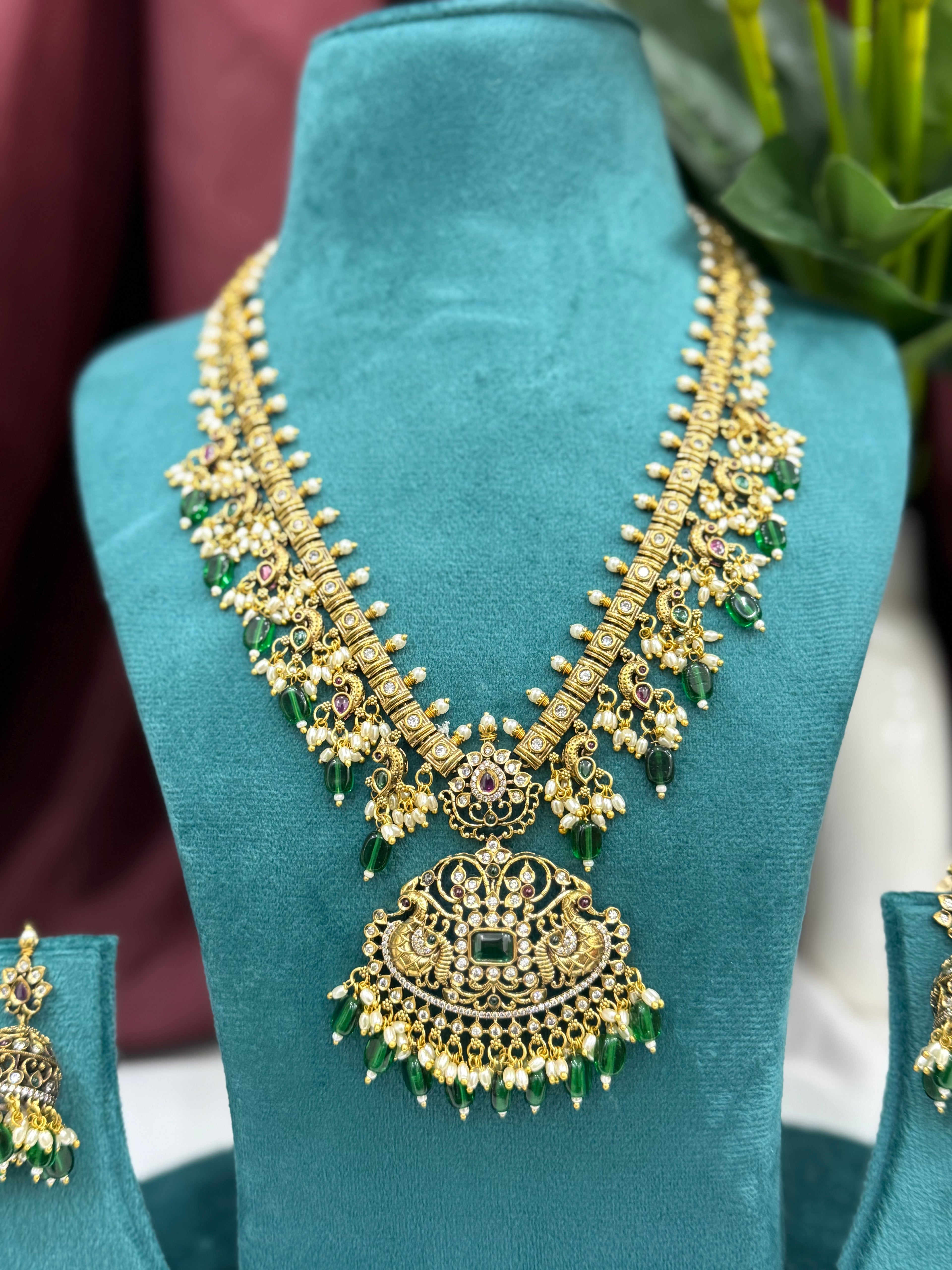 Twin Peacock Temple South Indian Long Necklace Set