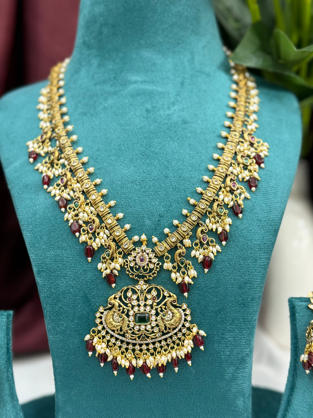 Twin Peacock Temple South Indian Long Necklace Set