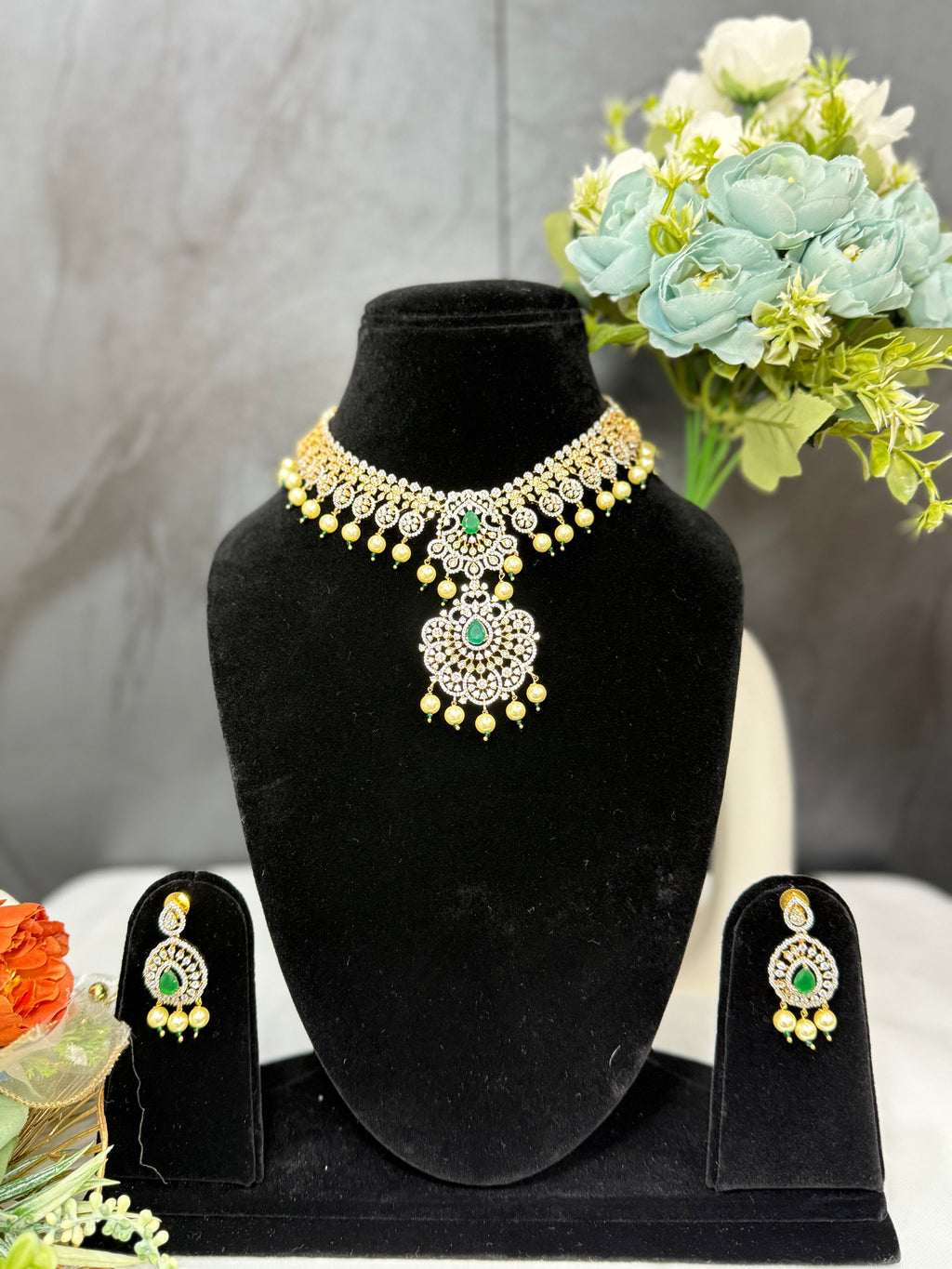 Victorian Emerald American Diamond Grand Necklace Set