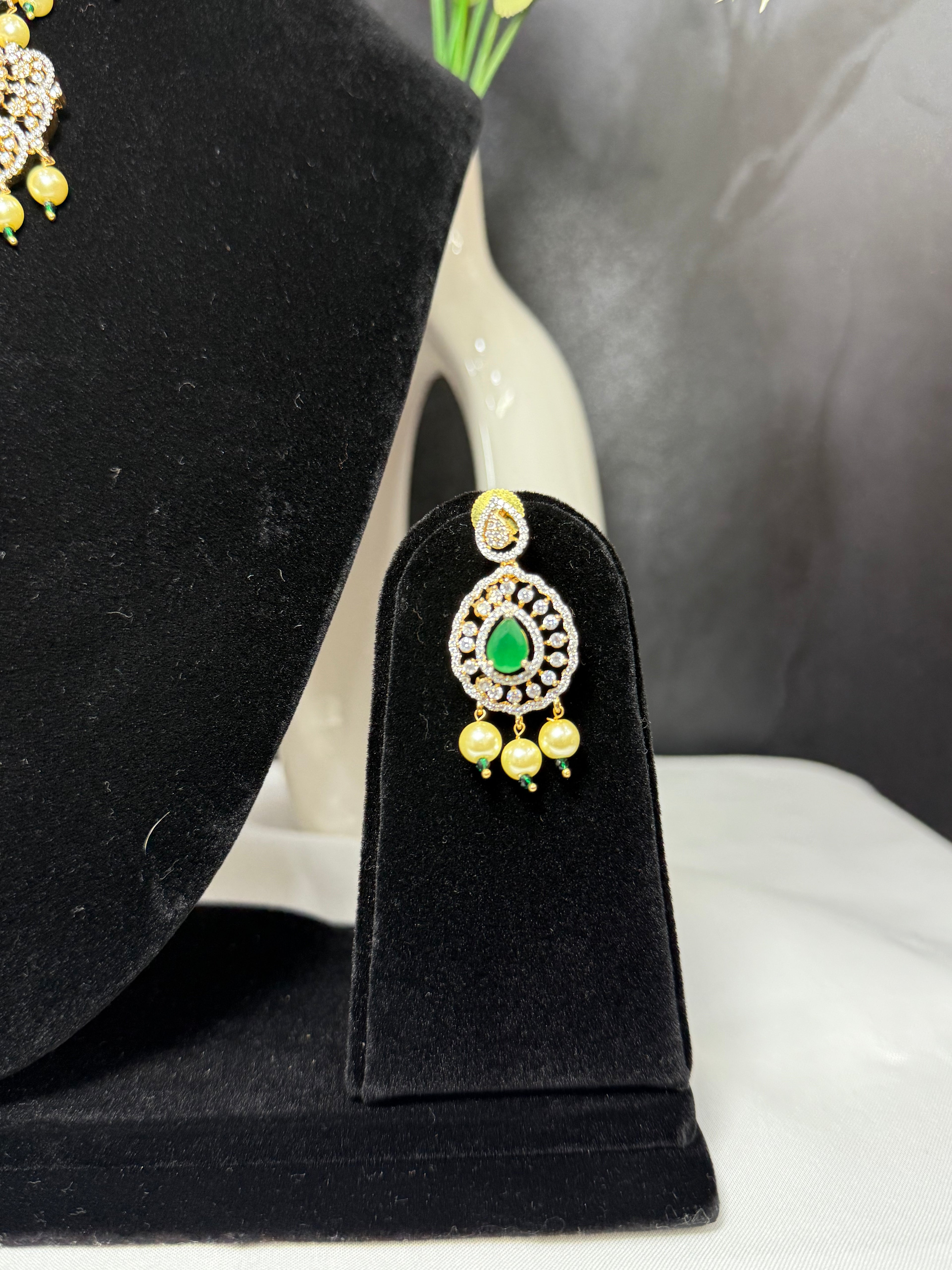 Victorian Emerald American Diamond Grand Necklace Set